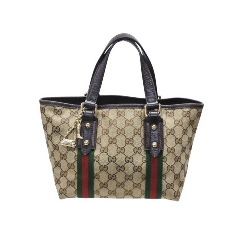 Gucci Leather Beige Green Tan Canvas Red GG Handbag Line Sherry - Picture 2 of 9